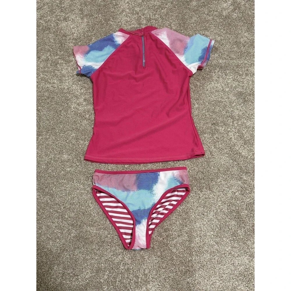 Eddie Bauer Girls Swimsuit Set Short Sleeve Rash Guard Bikini Bottoms   Size 7/8